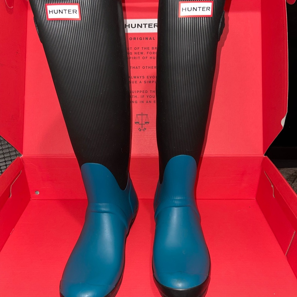Original Ribbed Hunter Women Boots Wellies Size 8US, 6UK, 39EU Peacock/ Black